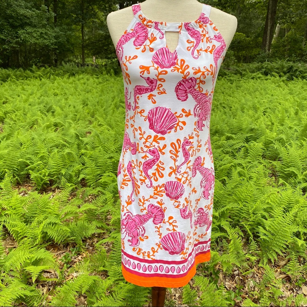 BARBARA GERWIT DRESS HALTER NEW MINI WHITE PINK SLEEVELESS KEYHOLE Size S